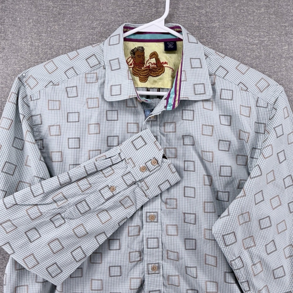 Robert Graham Flip Cuff Shirt Men Size XL Light Blue Geometric Long Sleeve